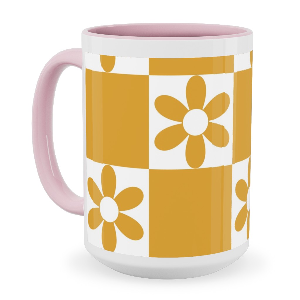 Daisy Checkerboard Ceramic Mug, Pink, , 15oz, Yellow, Goldenrod
