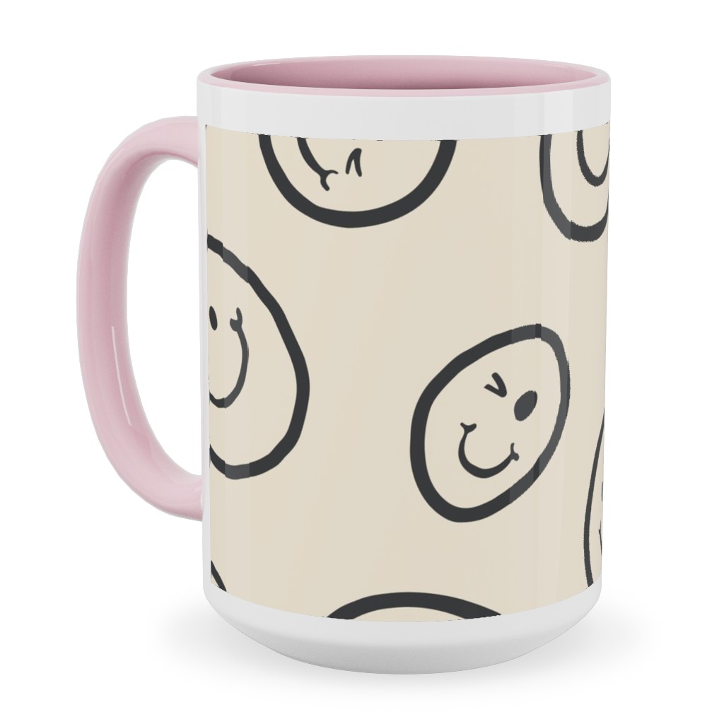 Smiley Winking Faces Ceramic Mug, Pink,  , 15oz, Beige