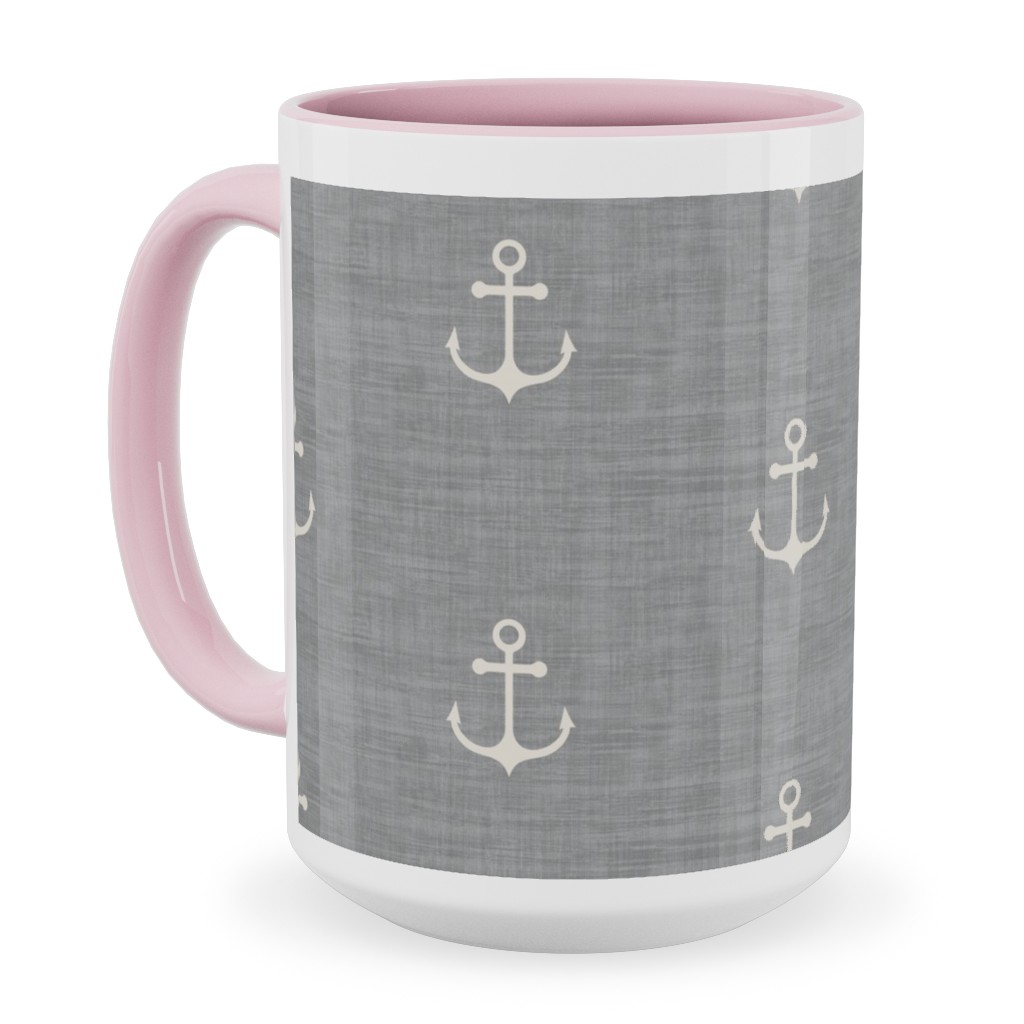 Anchor - Ivory on Light Grey Texture Ceramic Mug, Pink,  , 15oz, Gray