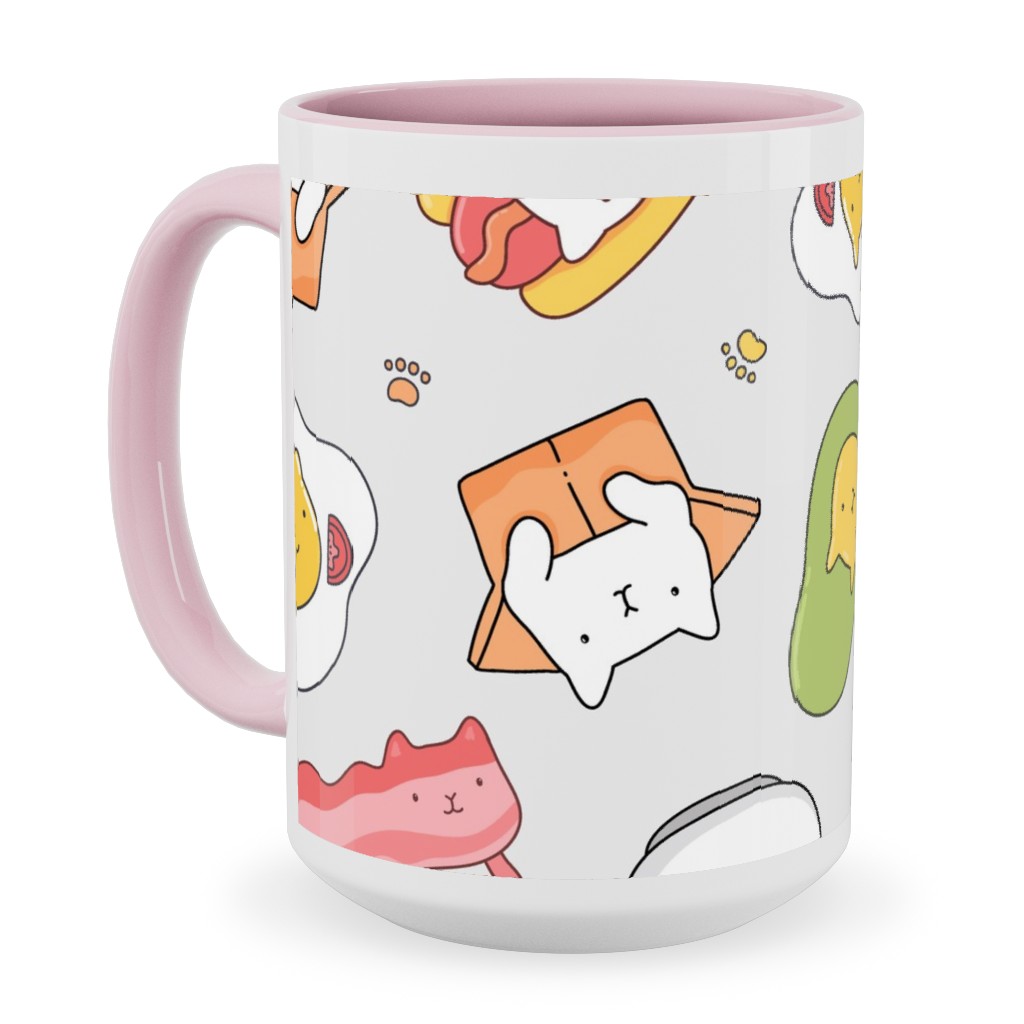 Cats and Foods Ceramic Mug, Pink, , 15oz, Multicolor, Whisper Gray