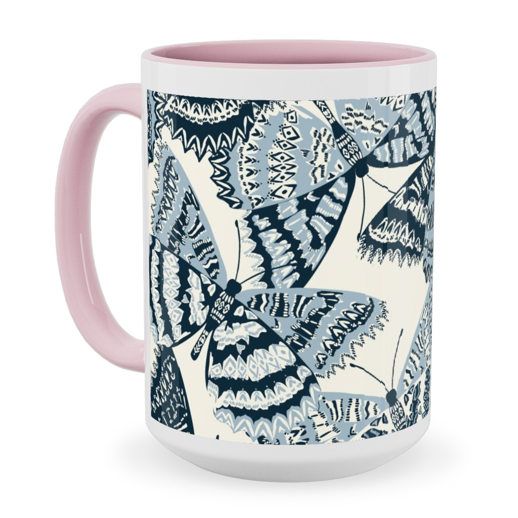 Butterfly - Hand Drawn - Blue Ceramic Mug, Pink, , 15oz, Blue, True Blue