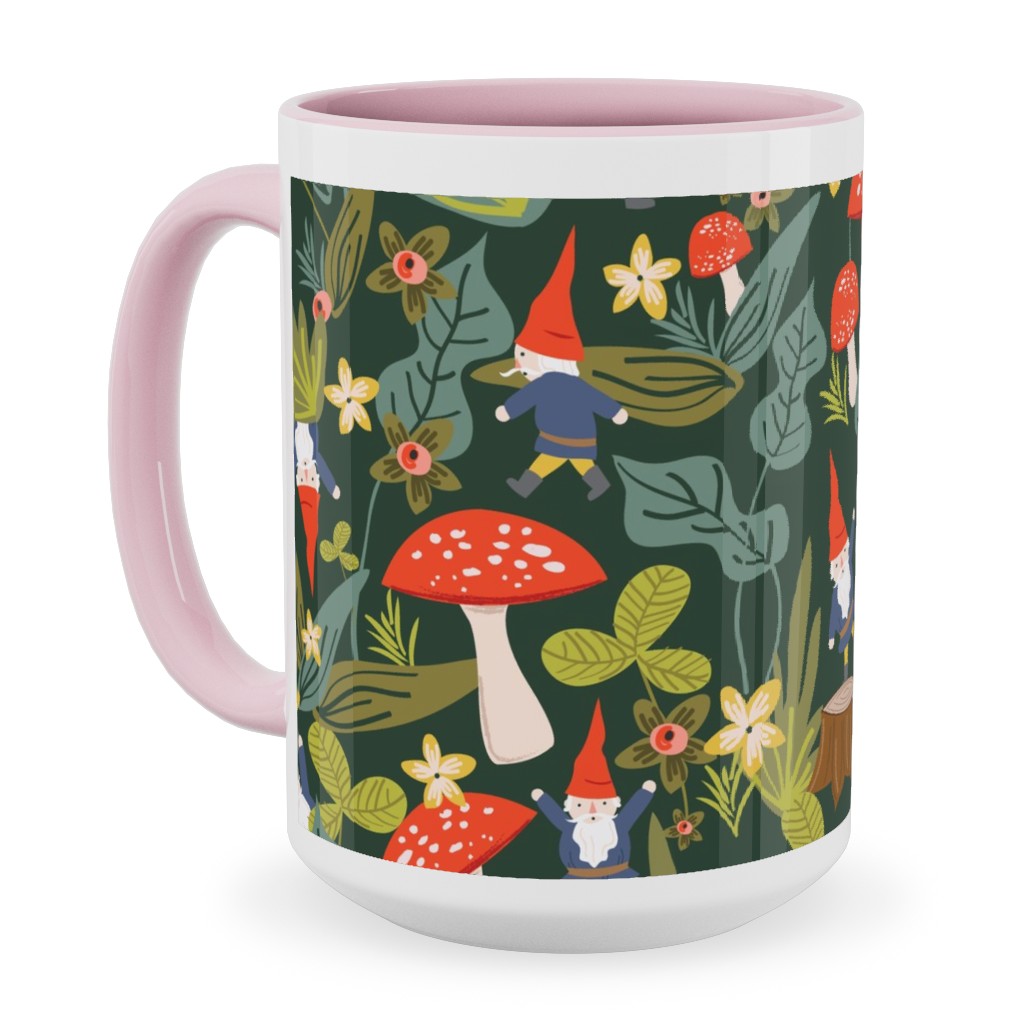 Woodland Gnomes - Green Ceramic Mug, Pink, , 15oz, Green, Classic Green