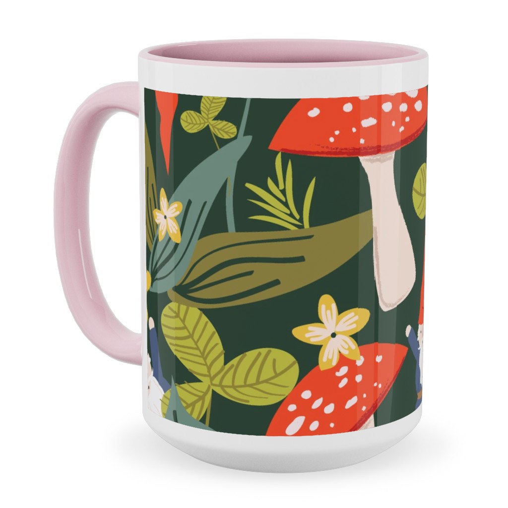 Woodland Gnomes & Mushrooms - Green Ceramic Mug, Pink, , 15oz, Green, Classic Green