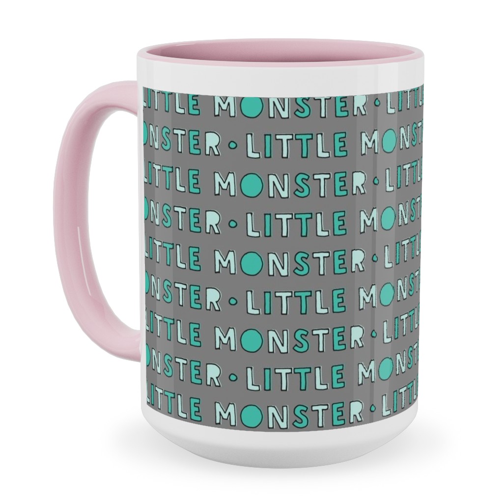 (Small Scale) Little Monster || Green on Grey Ceramic Mug, Pink,  , 15oz, Green