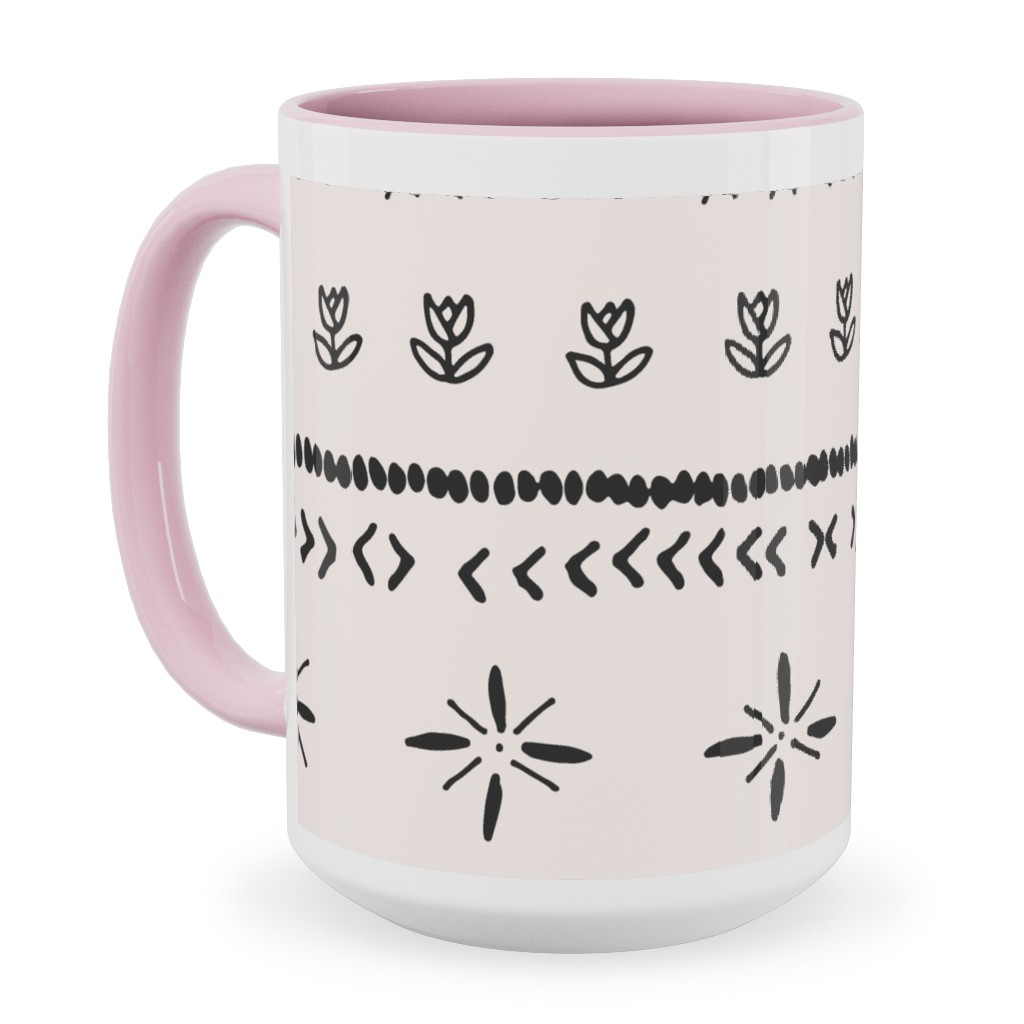 Boho Print Ceramic Mug, Pink, , 15oz, Beige, Silver Lining