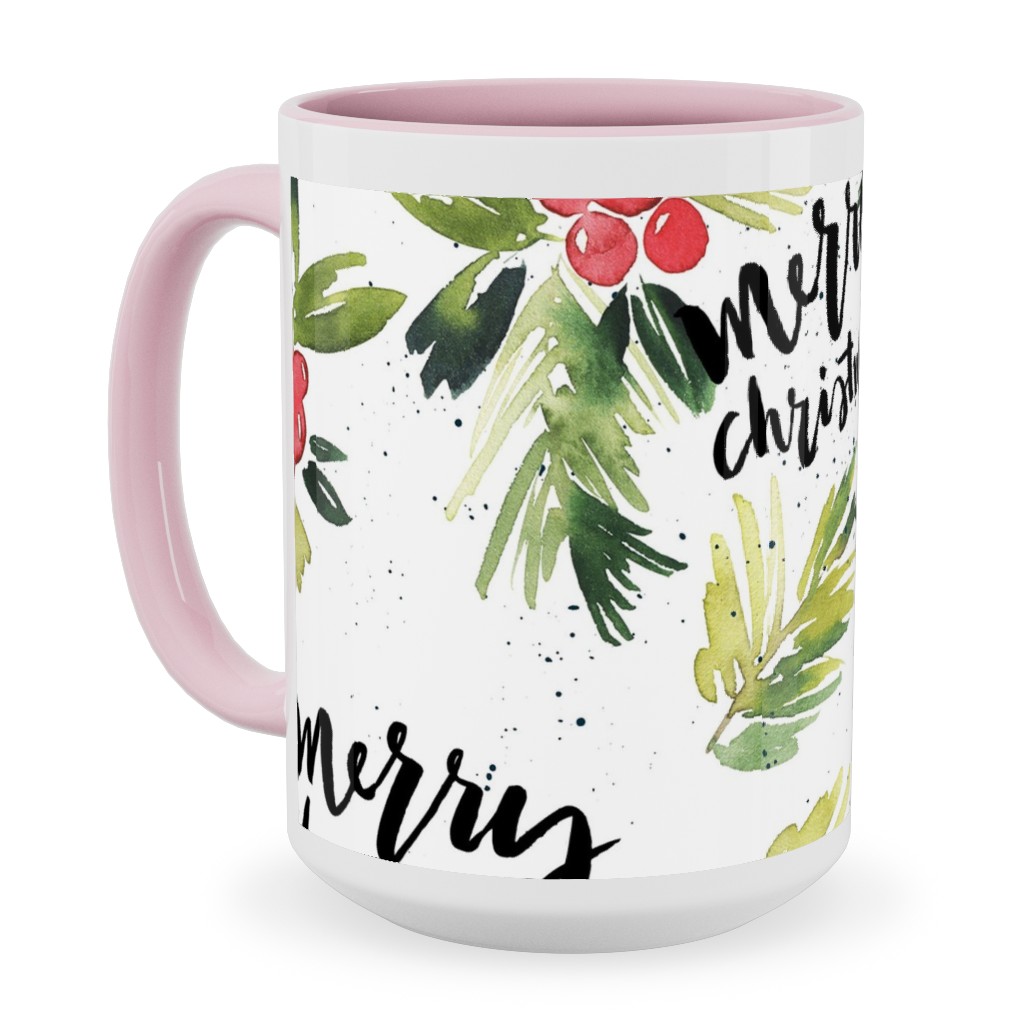 Merry Christmas Red Berry Holly Ceramic Mug, Pink, , 15oz, White, White