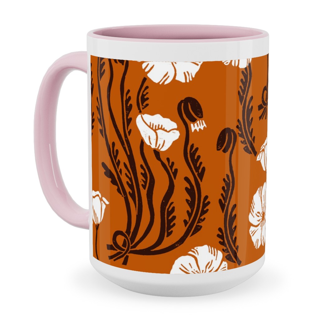 Poppy, Fall Harvest Block Printed Vintage Florals Ceramic Mug, Pink, , 15oz, Orange, Orange
