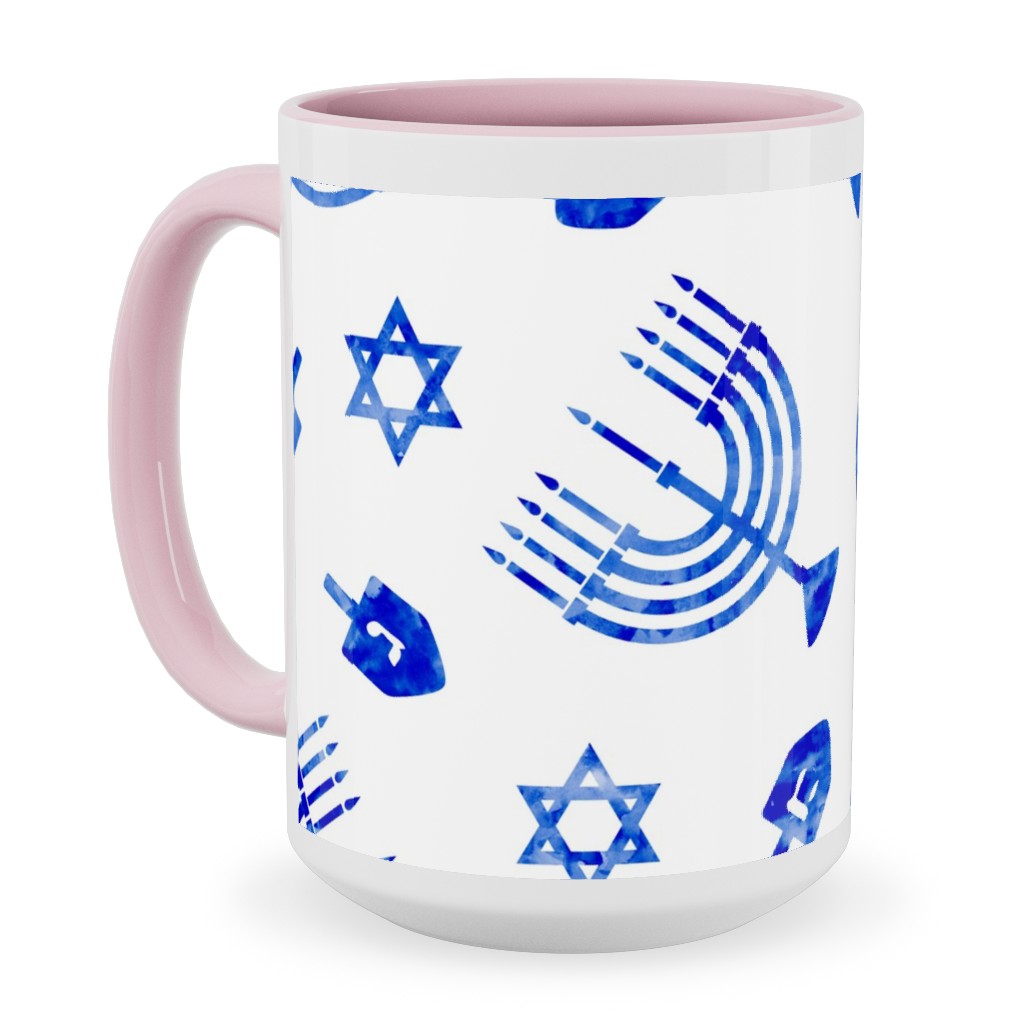 Watercolor Hanukkah Menorah, Dreidel, Star of David - Blue Ceramic Mug, Pink, , 15oz, Blue, True Blue