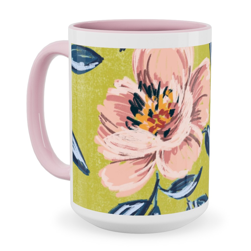 Pink Peonies Ceramic Mug, Pink, , 15oz, Green, Classic Green