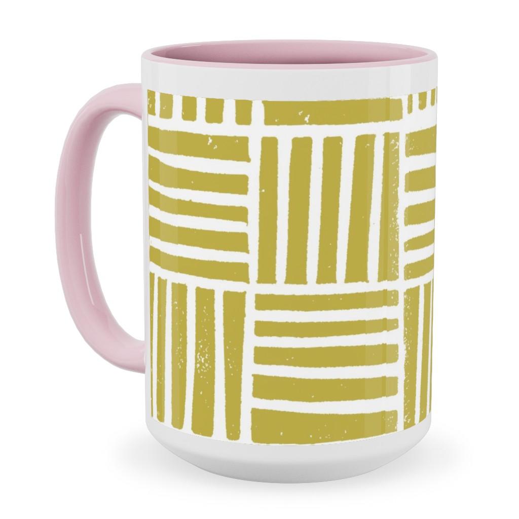 Thatch Stripe Grid - Yellow Ceramic Mug, Pink, , 15oz, Yellow, Classic Yellow