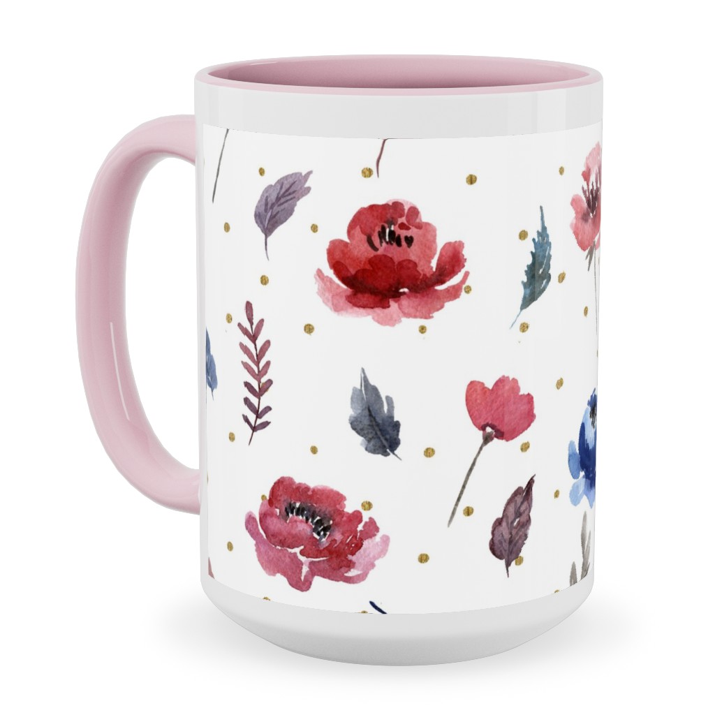 American Glory Flowers With Gold Dots - Multi Ceramic Mug, Pink, , 15oz, Red, Red