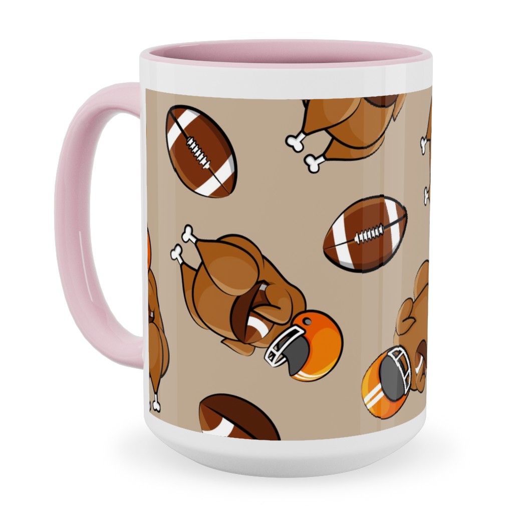 Football Turkey With Helmet and Football - Orange on Tan Ceramic Mug, Pink,  , 15oz, Beige