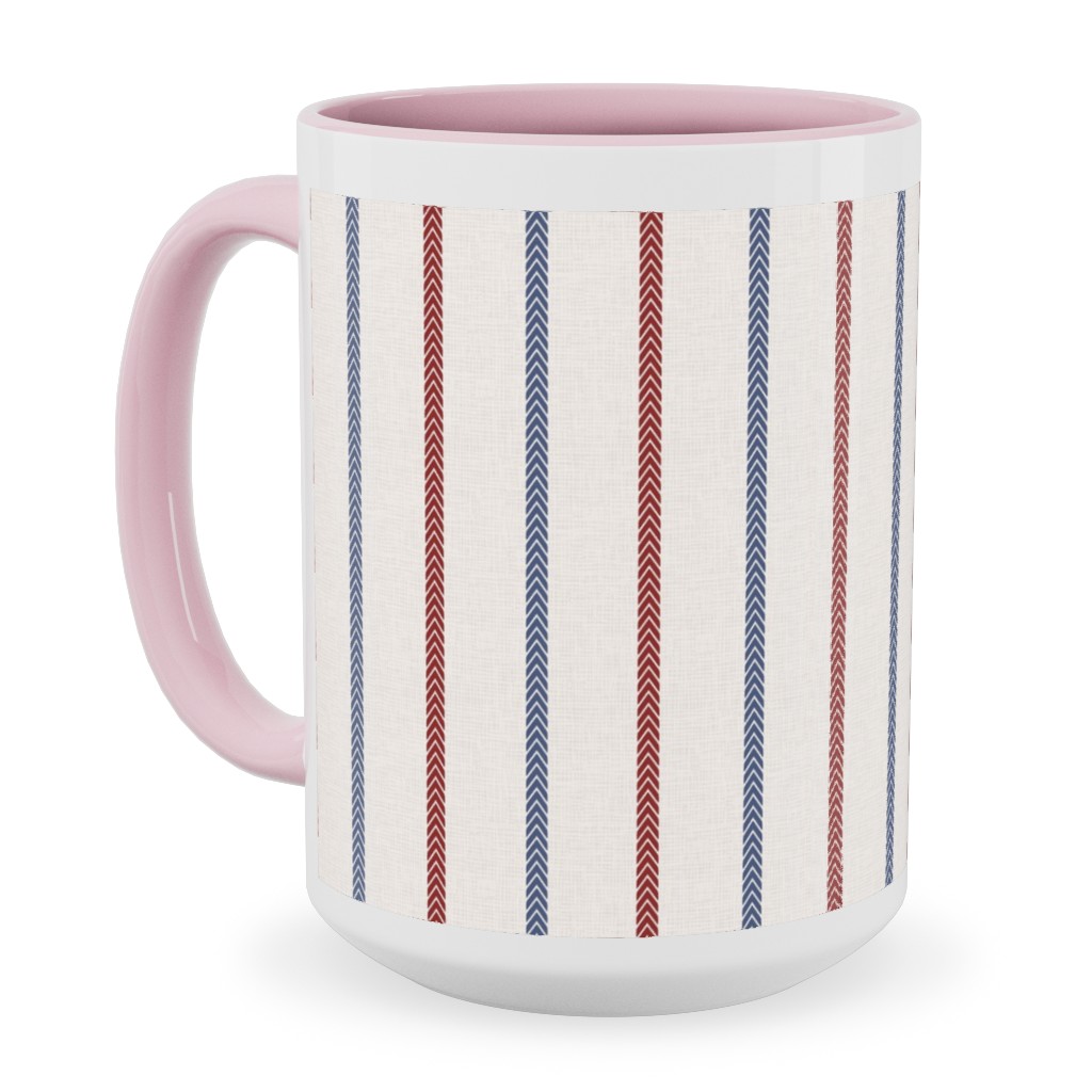 Baseball Ball Stitch Ticking Stripe on Soft Gray Ceramic Mug, Pink,  , 15oz, Beige