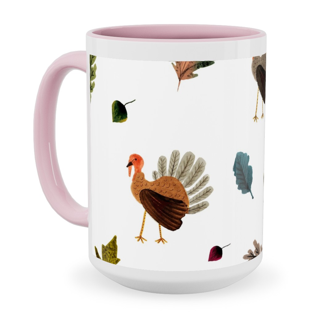 Fall Thanksgiving Turkeys on White Ceramic Mug, Pink, , 15oz, White, White