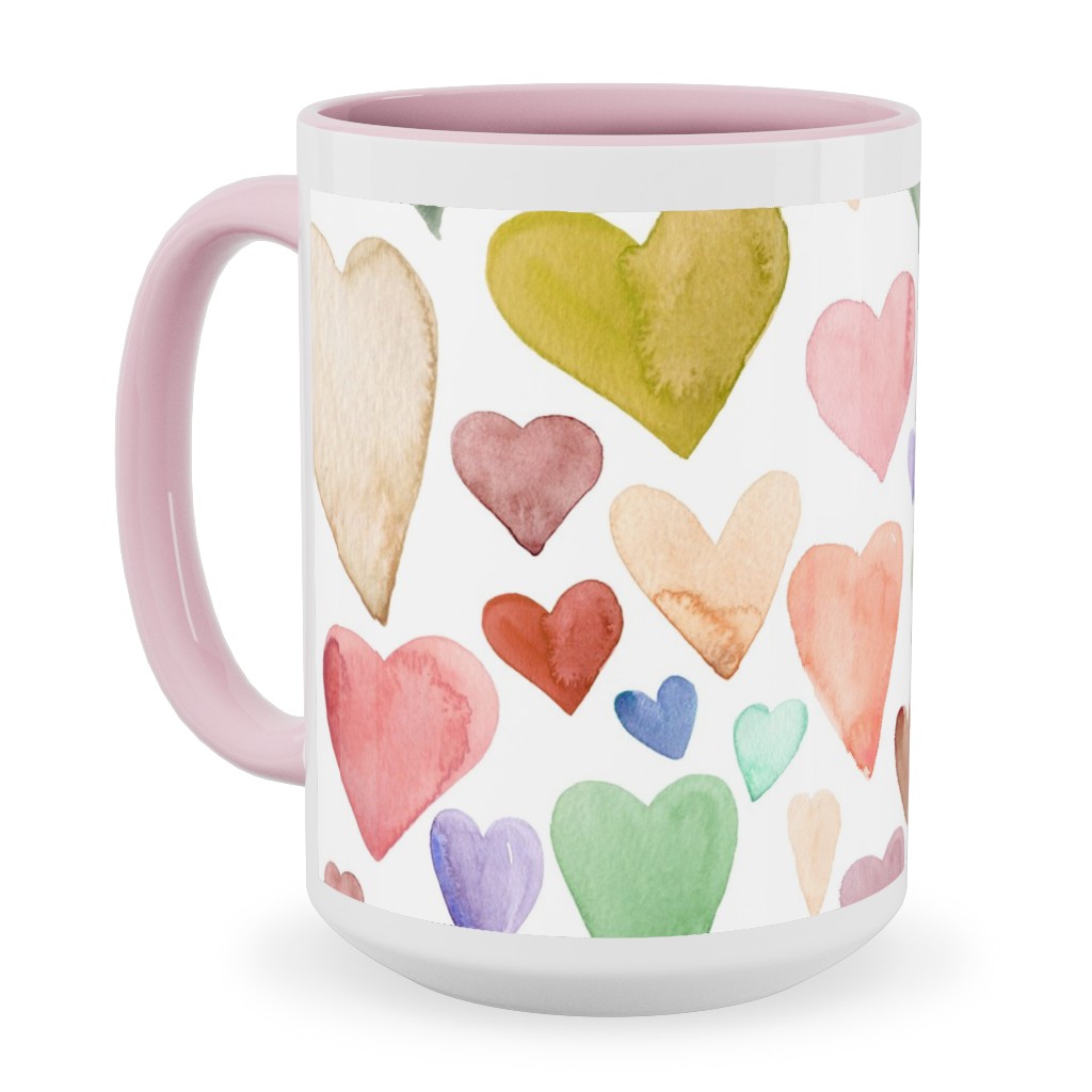Earth Tone Hearts - Multi Muted Ceramic Mug, Pink, , 15oz, Multicolor
