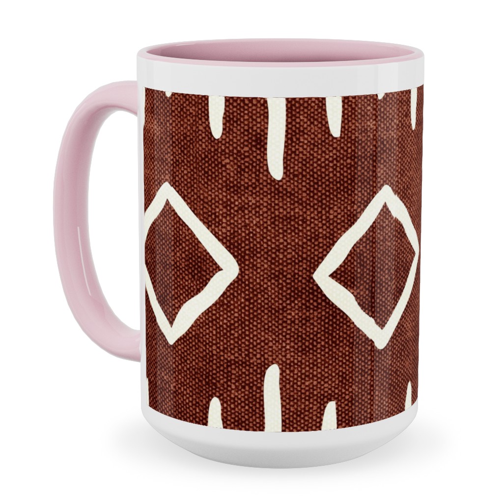 Diamond Mud Cloth Ceramic Mug, Pink, , 15oz, Brown, Chestnut