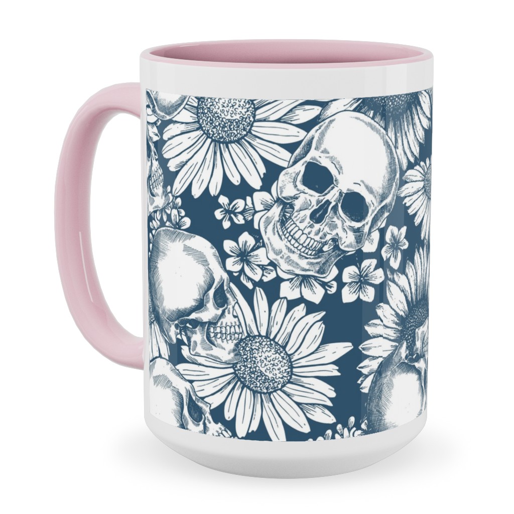 Floral Skull - Blue Ceramic Mug, Pink,  , 15oz, Blue