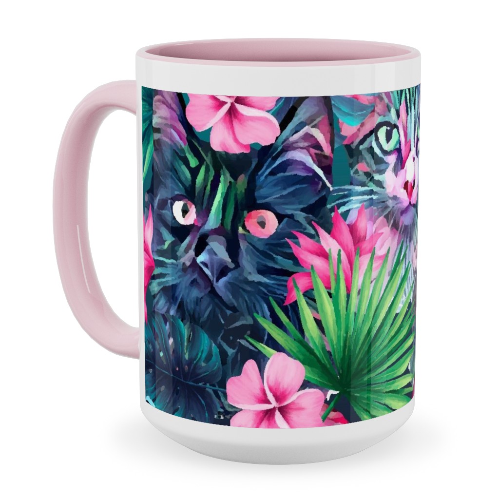 Summer Floral Cats - Multi Ceramic Mug, Pink, , 15oz, Multicolor