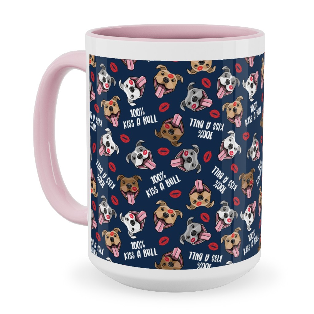 100% Kiss a Bull - Cute Pit Bull Dog - Red and Blue Ceramic Mug, Pink,  , 15oz, Blue