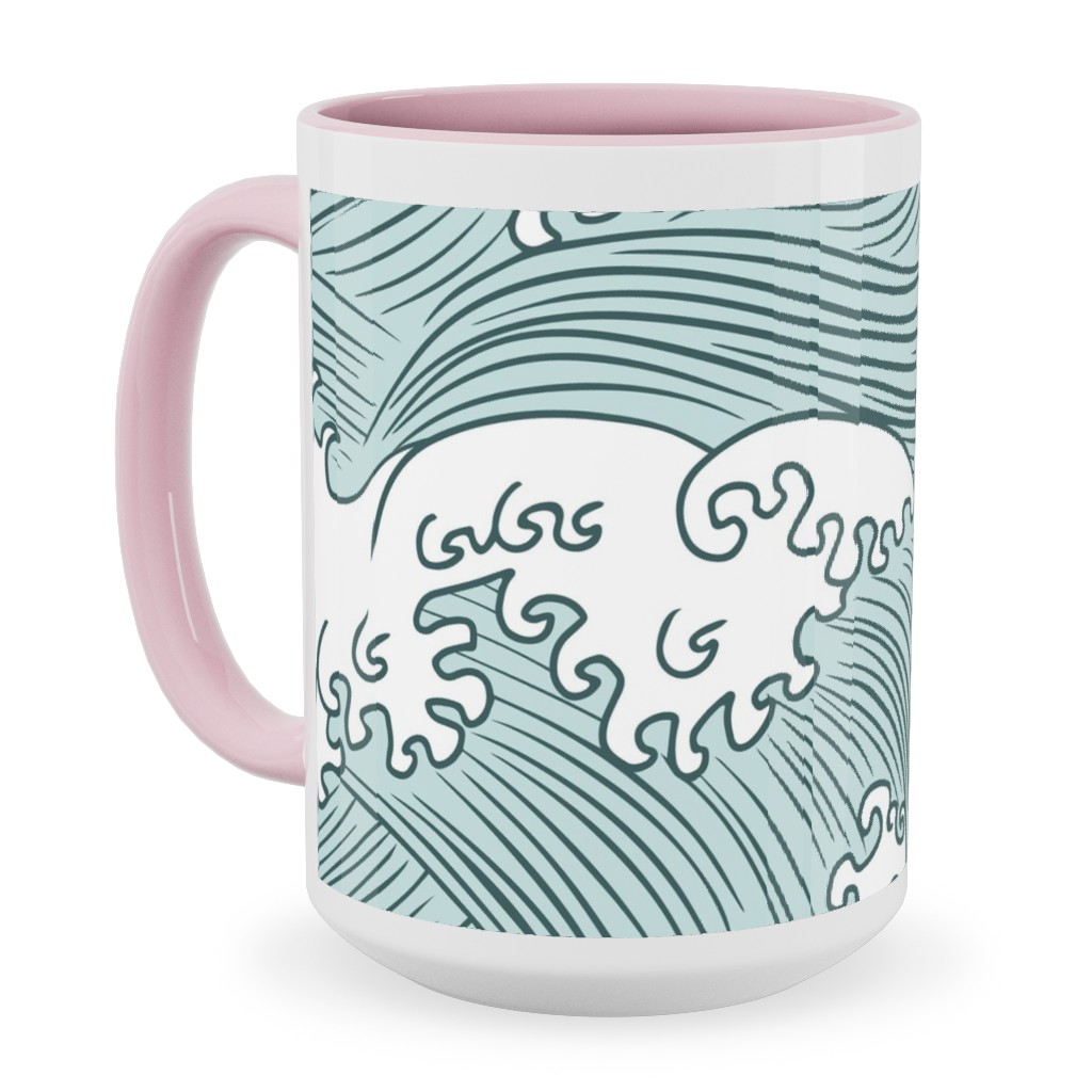 Japanese Waves Ceramic Mug, Pink, , 15oz, Blue, True Blue