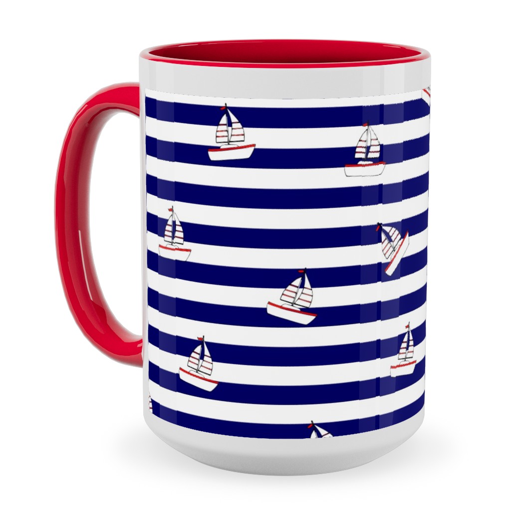 Sea and Boats Stripes - Blue Ceramic Mug, Red,  , 15oz, Blue