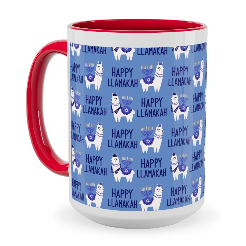 Happy Llamakah - Blue Ceramic Mug, Red,  , 15oz, Blue