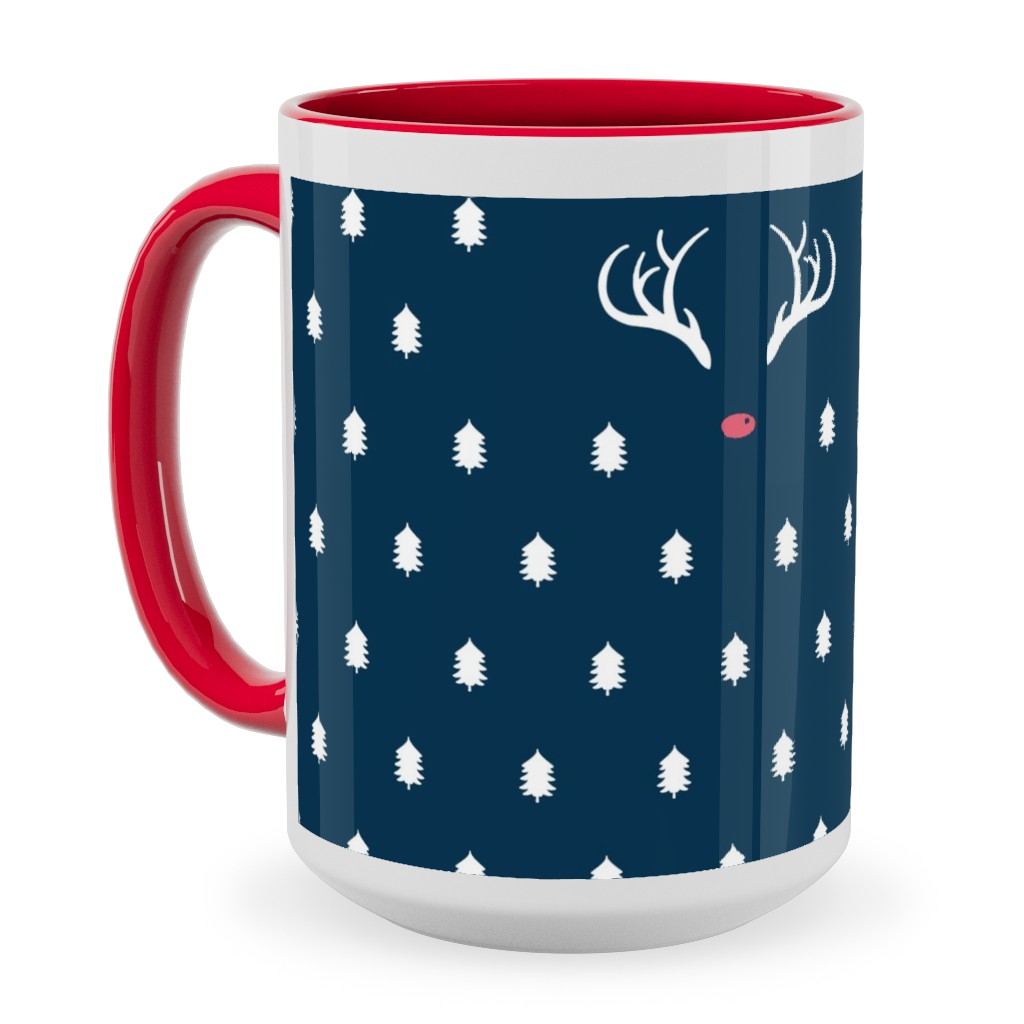Modern Christmas Deer - Navy Ceramic Mug, Red, , 15oz, Blue, True Blue