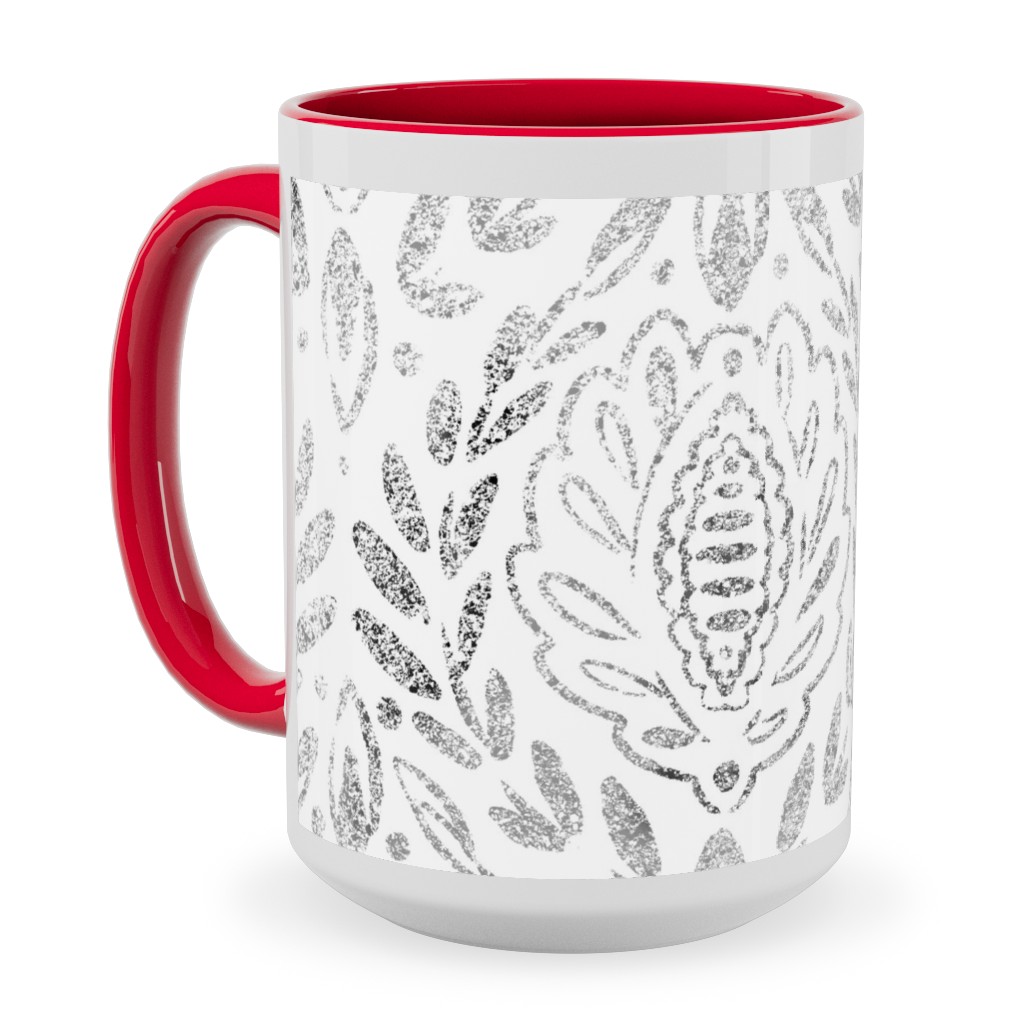 Distressed Damask Leaves - Grey Ceramic Mug, Red, , 15oz, Gray, Gray