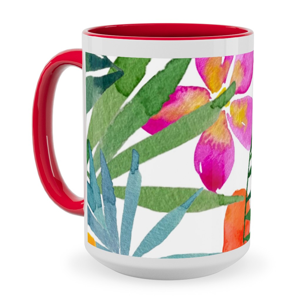 Watercolor Tropical Vibes Ceramic Mug, Red, , 15oz, Multicolor, Classic Green