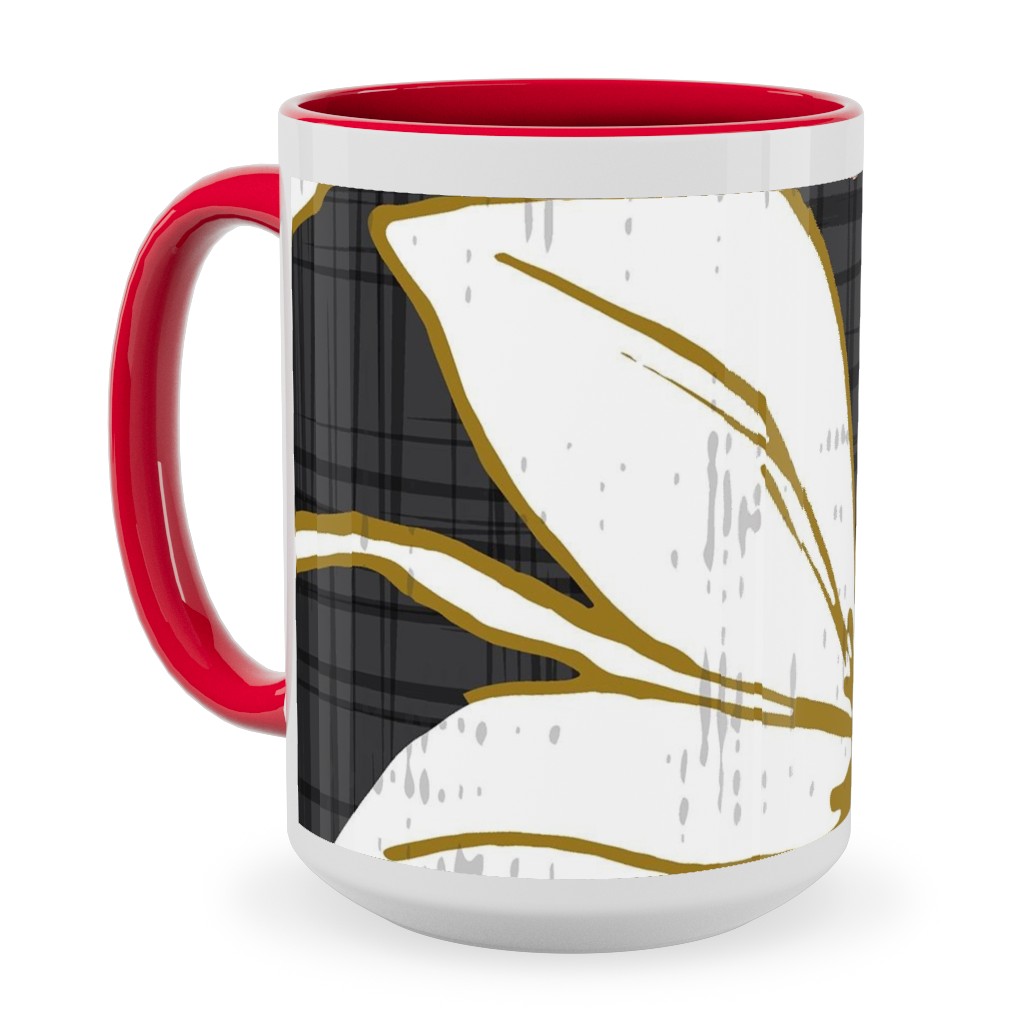 Lilium - Floral - Charcoal Black & White Ceramic Mug, Red,  , 15oz, Black