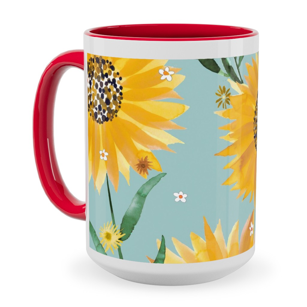 Watercolor Sunflowers - Yellow on Blue Ceramic Mug, Red, , 15oz, Yellow, Classic Yellow