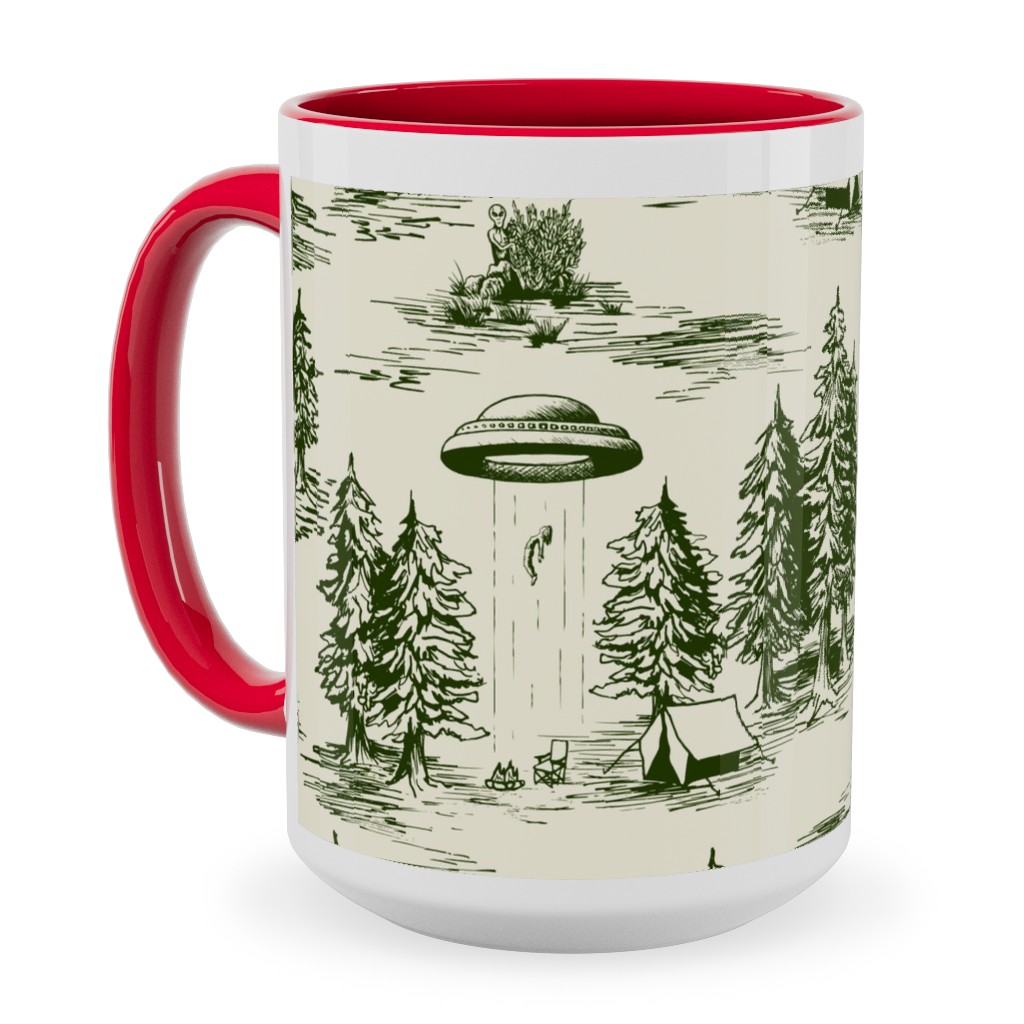 Alien Abduction Toile De Jouy - Forest Green & Cream Ceramic Mug, Red,  , 15oz, Green