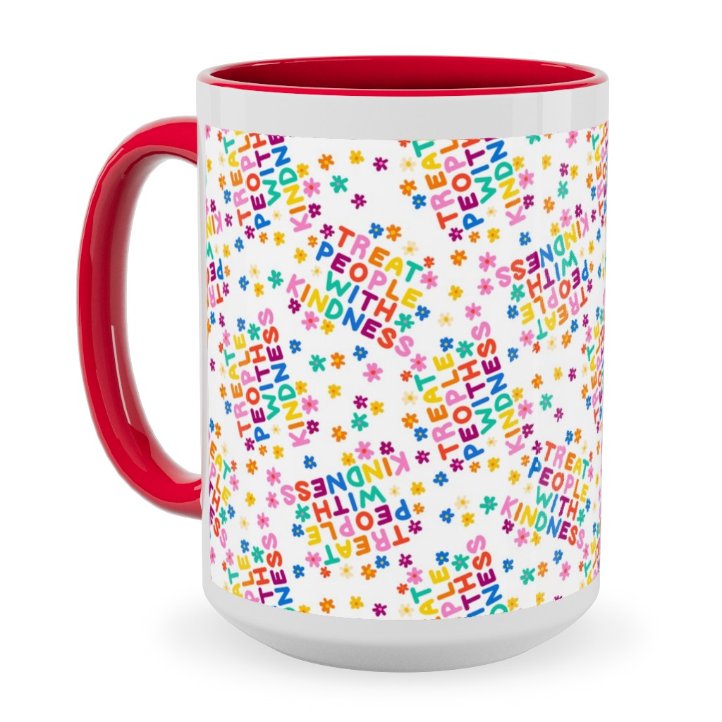 Treat People With Kindness - Groovy Florals - Bright Ceramic Mug, Red, , 15oz, Multicolor