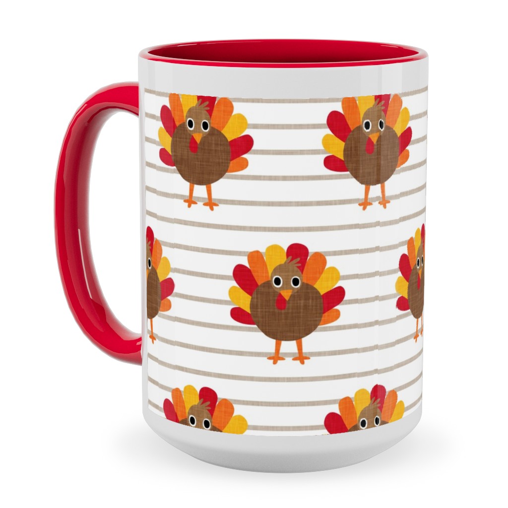 Cute Thanksgiving Turkey - on Khaki Stripes Ceramic Mug, Red, , 15oz, Orange, Orange