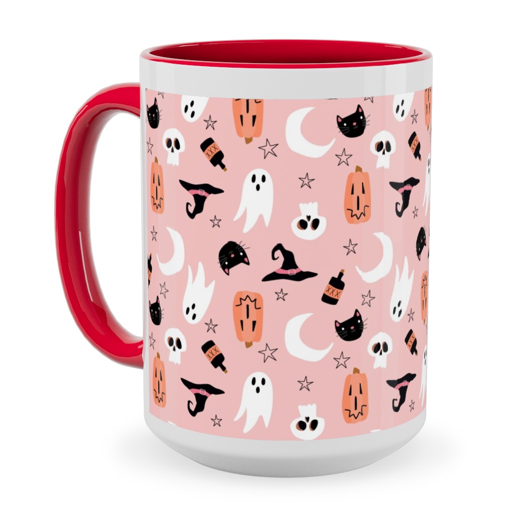 Sweet Halloween - Pumpkin, Witch, Ghost, & Cat - Pink Ceramic Mug, Red, , 15oz, Pink, Bright Pink