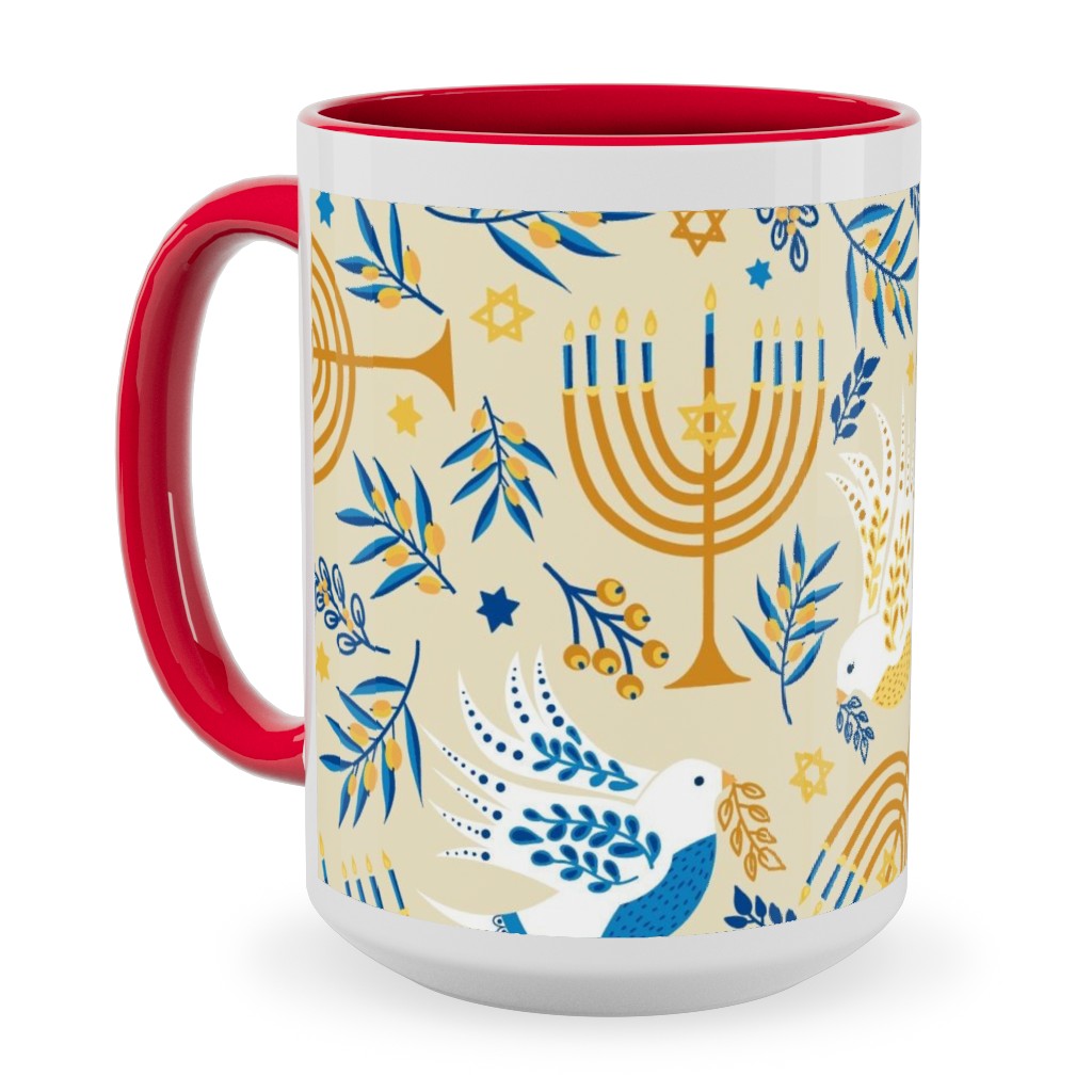 Hanukkah Birds Menorahs - Yellow Ceramic Mug, Red,  , 15oz, Yellow