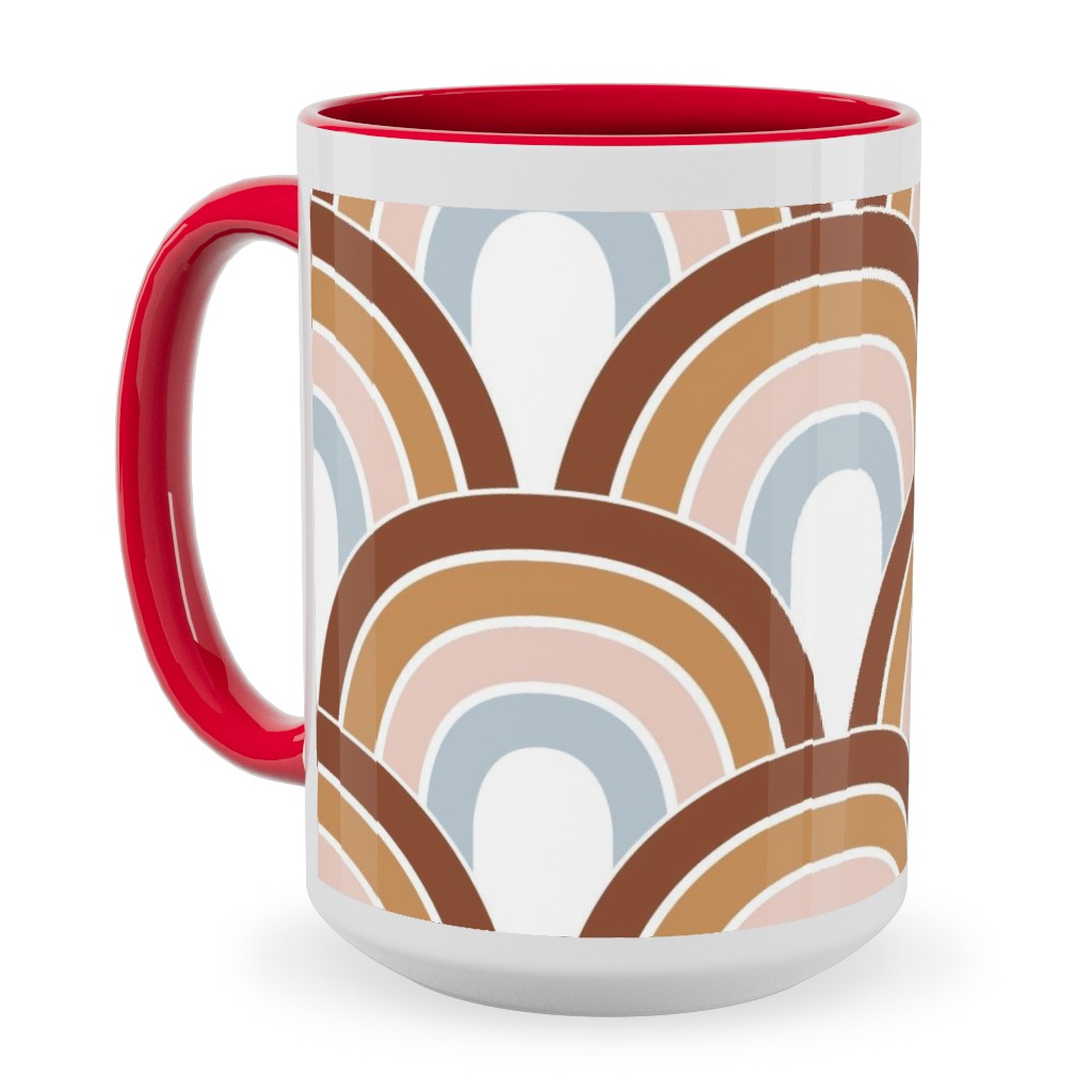 Retro Rainbow Waves - Scales and Curves - Rust Beige Blush Blue on White Ceramic Mug, Red, , 15oz, Orange, Orange