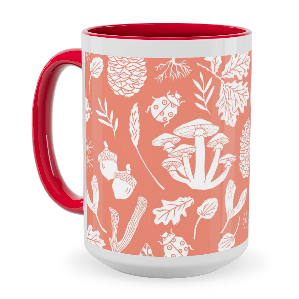 Nature Walk Block Print - Pink Ceramic Mug, Red, , 15oz, Pink, Bright Pink