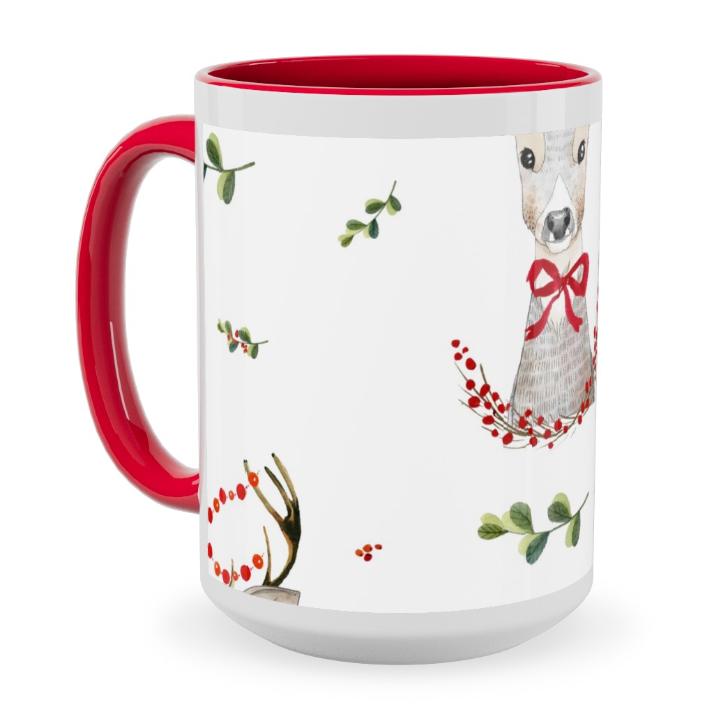 Holiday Fancy Deer With Holly Ceramic Mug, Red, , 15oz, Multicolor