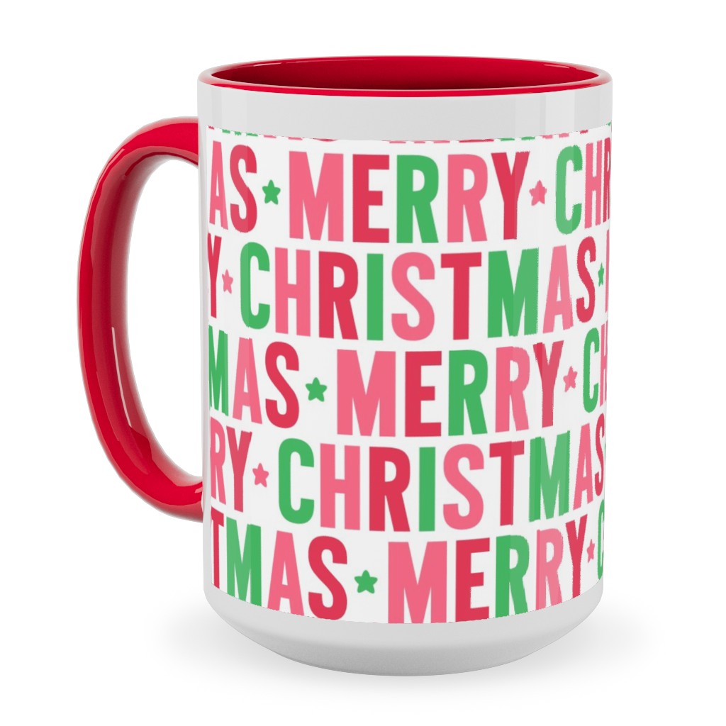 Merry Christmas Uppercase - Green, Pink, Red Ceramic Mug, Red, , 15oz, Multicolor