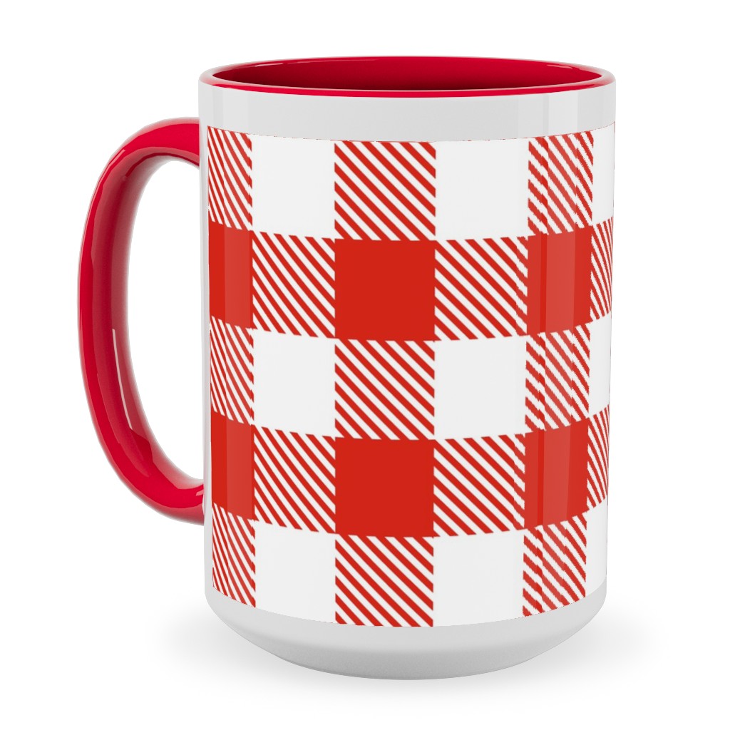 Red Gingham Pattern Ceramic Mug, Red, , 15oz, Red, Red