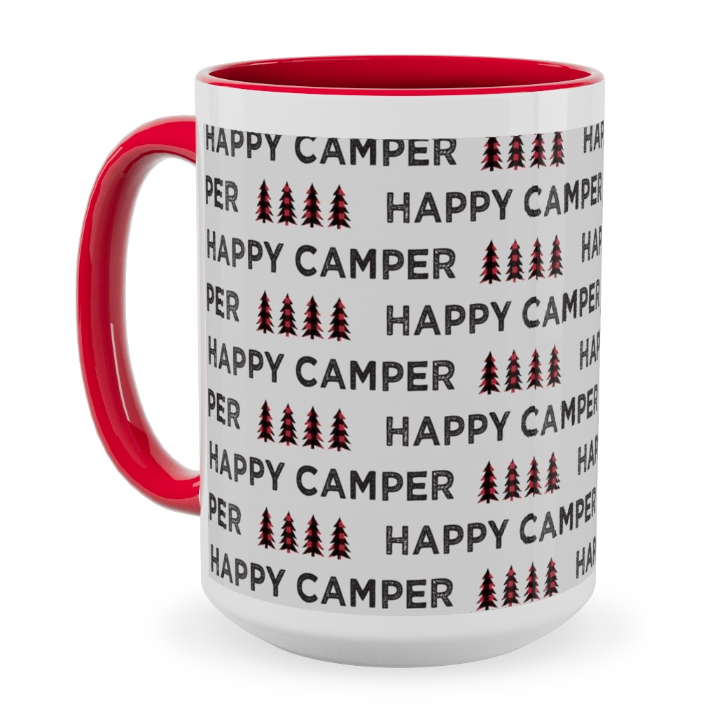 Happy Camper on Fog - Gray Ceramic Mug, Red, , 15oz, Brown, Brown