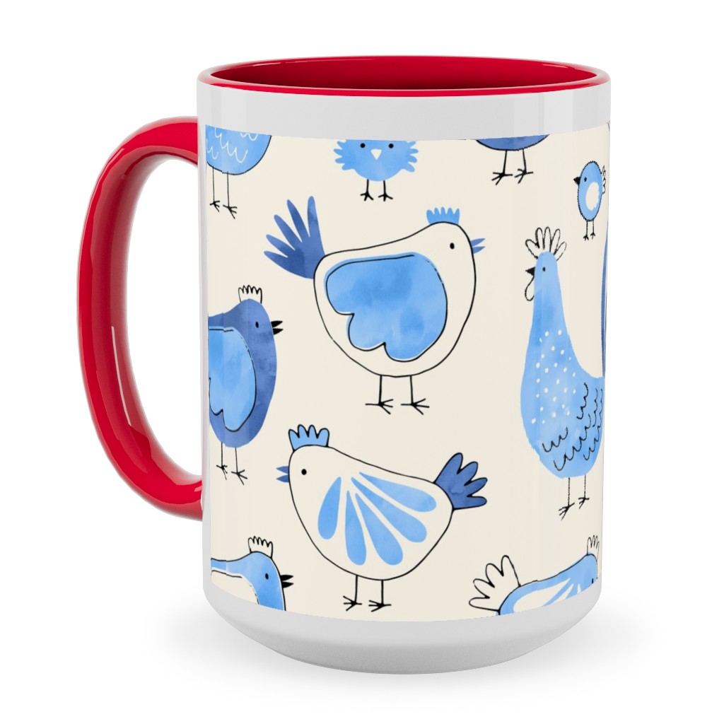 Chicken and Rooster - Watercolor - Blue on Creme Ceramic Mug, Red,  , 15oz, Blue