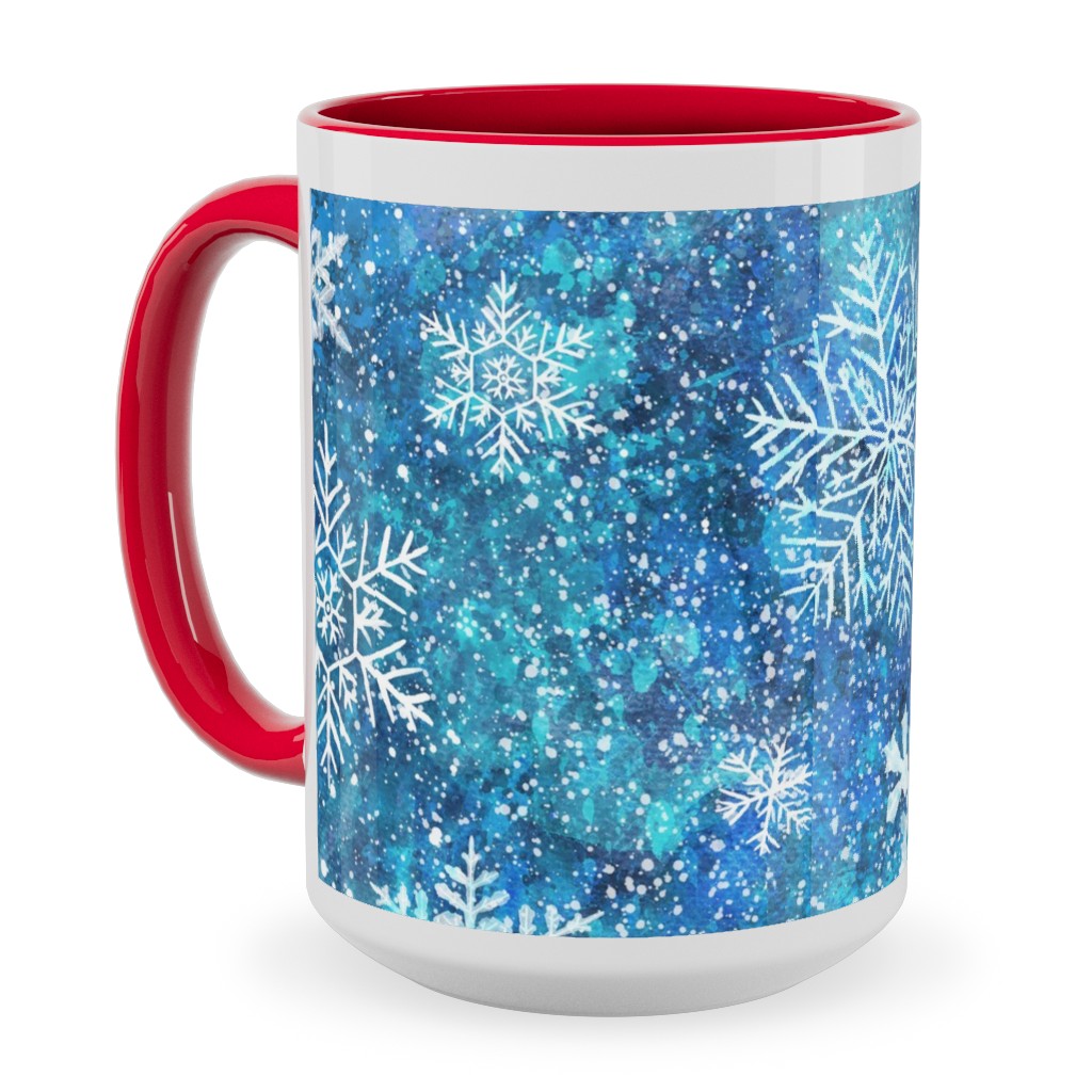 Whinsical Snowflakes Handpainted With Watercolors - Blue Ceramic Mug, Red, , 15oz, Blue, True Blue