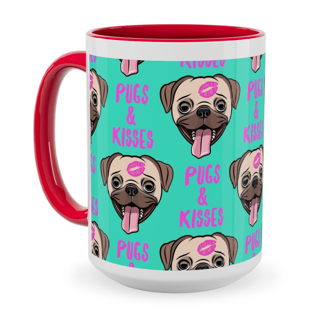 Pugs & Kisses - Cute Pug Dog - Teal Ceramic Mug, Red,  , 15oz, Green