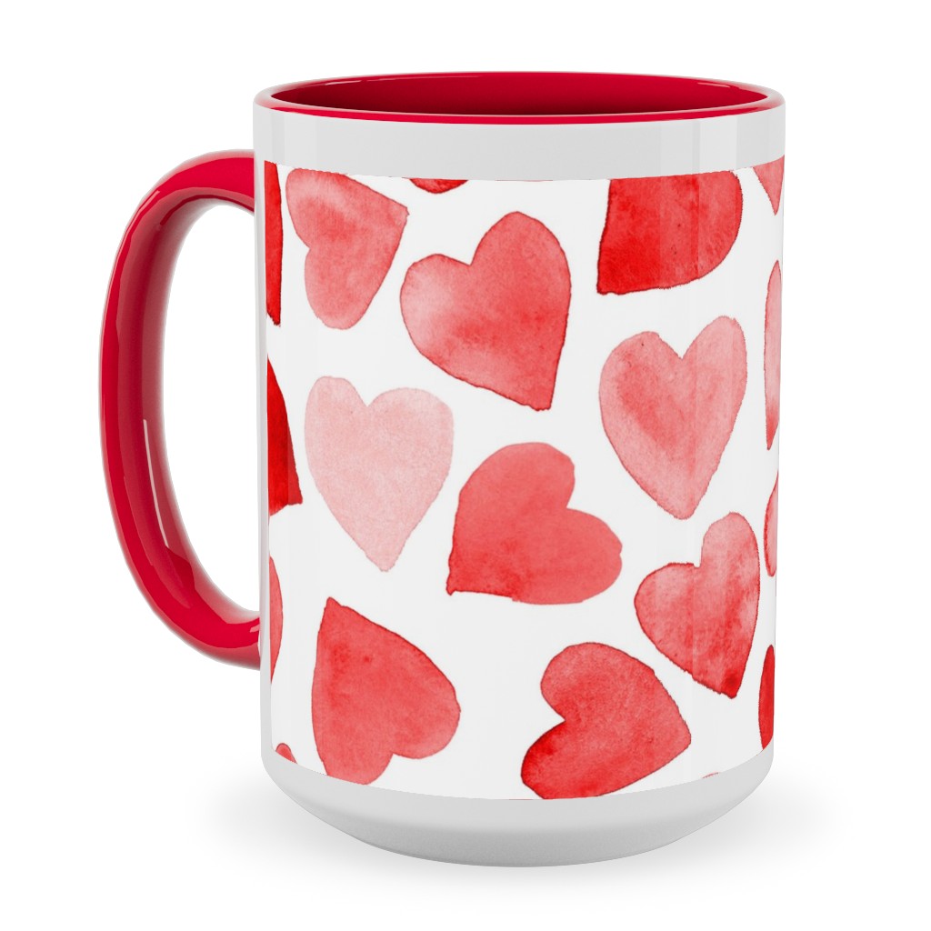 Red Hearts Watercolor - Red Ceramic Mug, Red, , 15oz, Red, Red