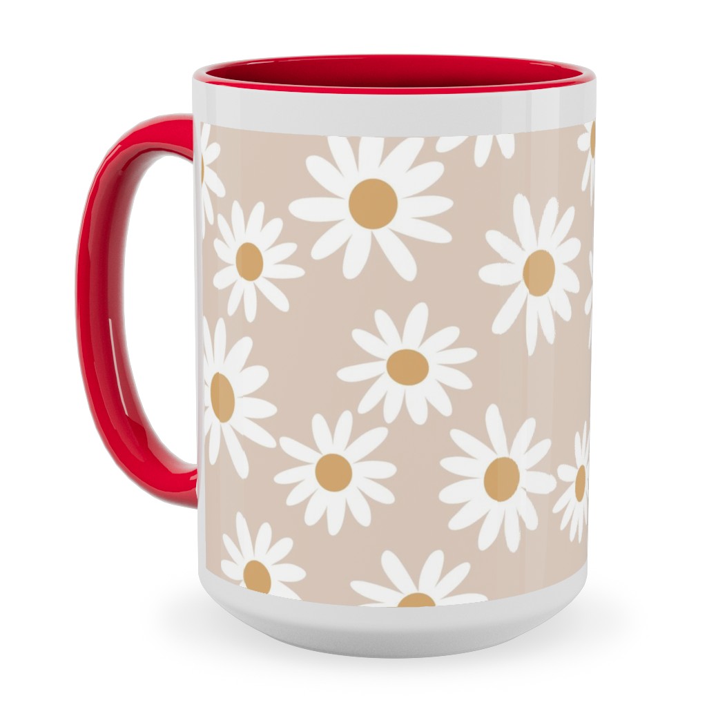 Daisies Ceramic Mug, Red, , 15oz, Pink, Pearl