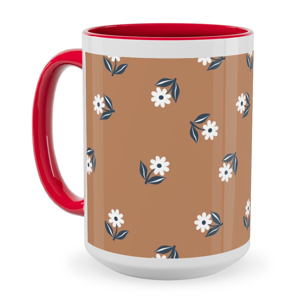 Romantic Boho Daisy Flowers - Scandinavian Print - Caramel Brown Blue Ceramic Mug, Red, , 15oz, Orange, Orange