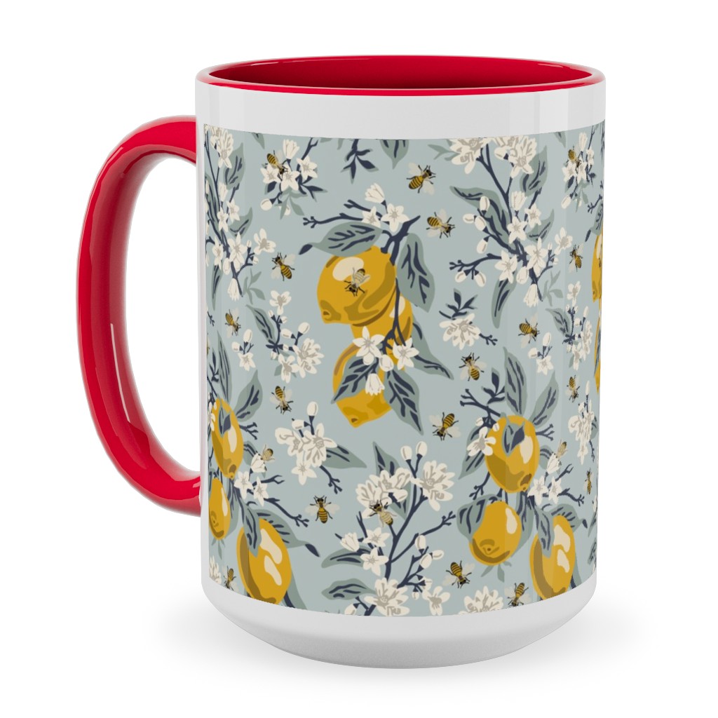 Bees & Lemons - Blue Ceramic Mug, Red, , 15oz, Blue, True Blue