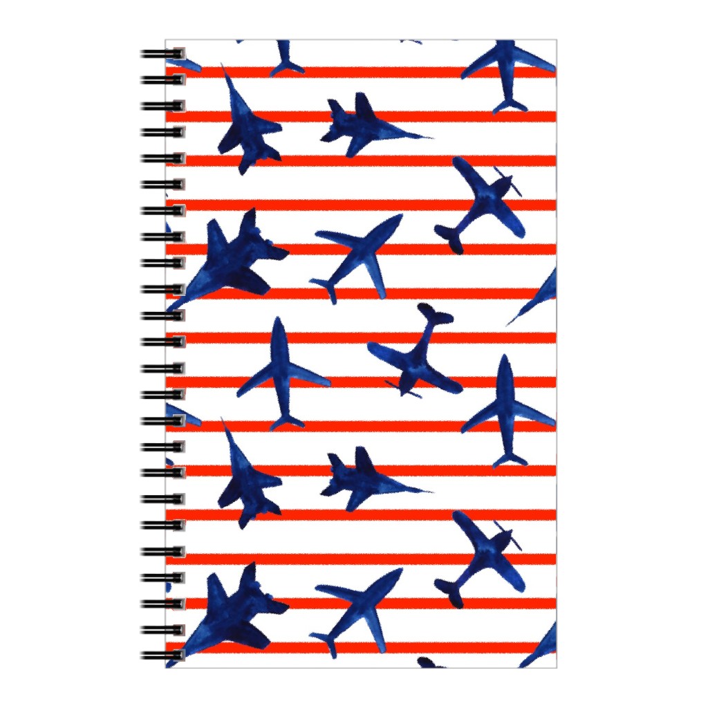 Patriotic Airplanes Watercolor - Blue With Red Stripes Notebook, 5x8, Blue, True Blue